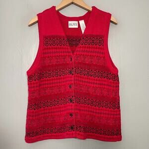 Russ Womens Size XL Red Sweater Vest Fair Isle Chenille Cabincore Christmas